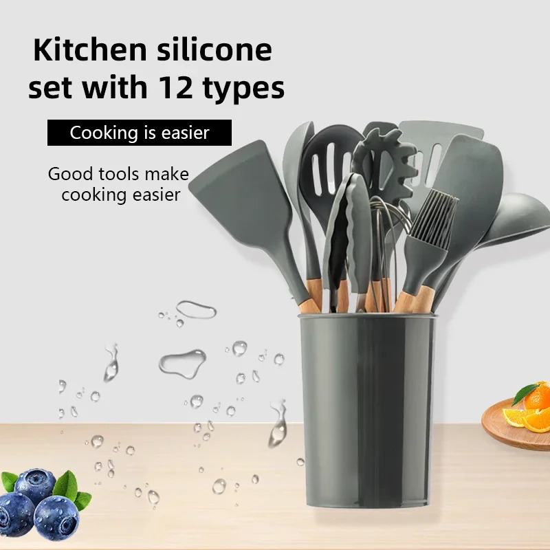 12 조각 세트 나무 손잡이 실리콘 주방기구 실리콘 주 - Kitchen Baking Pan Storage 리뷰 및 가격